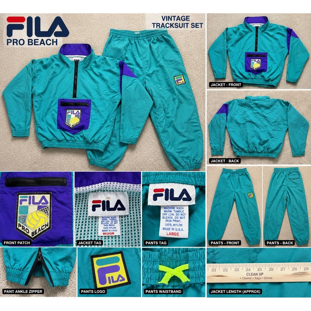 Vintage FILA Pro Beach Tracksuit Set Teal Purple Windbreaker Pants 90s